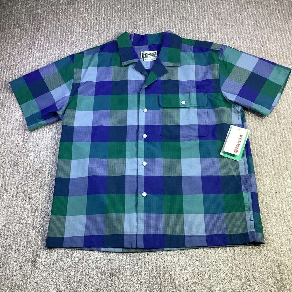 Marmot Muir Camp Novelty SS Shirt M Trail‎ Blue Charlie Plaid Short Sleeve NWT